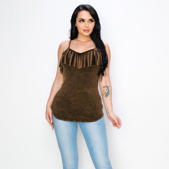 T-Party Fringe Front Cami Tank Top! Mineral Washed Brown - Picture 6 of 8